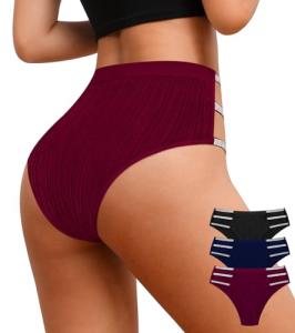 ASIMOON Women's High Waist Bikini Underwear Sexy Elastic Glitter Straps High Cut Cheeky High Rise Ladies Panties 3 Pack