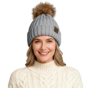 Cozy Light Gray Knitted Beanie with Pom