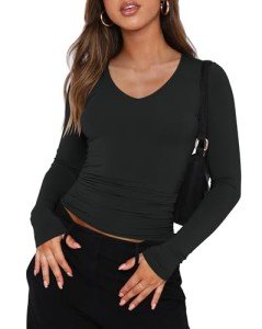 Women's Long Sleeve V-Neck Casual Tee - Black