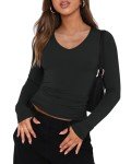 Women's Long Sleeve V-Neck Casual Tee - Black