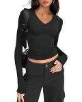 Women's Long Sleeve V-Neck Casual Tee - Black