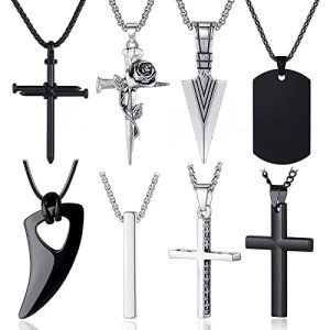 8 Pcs Men's Black and Silver Necklace Set