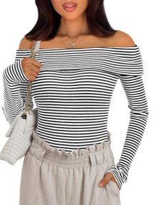 Off-the-Shoulder Striped Long Sleeve Tee