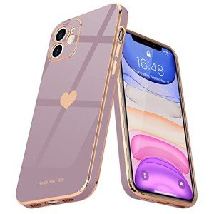 Teageo Compatible with iPhone 11 Case for Women Girl Cute Love-Heart Luxury Bling Plating Soft Back Cover Raised Full Camera Protection Bumper Silicone Shockproof Phone Case for iPhone 11, Lavender