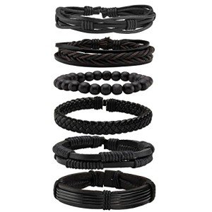 6 Black Braided Leather Bracelets for All