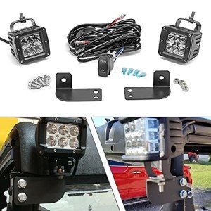 3 inch 18W LED Spot Light Cubes w/Rocker Switch Wiring Kit & Rear Roof Pillar Backup Light Bar Mounting Brackets Compatible with Polaris Ranger Full Size 2013-Up