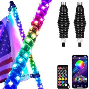 OHMU 2pcs 3FT Led Whip Lights with Bluetooth,Remote Control [Spring Base] [300 Colors] [366 Lighting Modes] 360°Spiraling Rising Dream Wrapped Dancing Offroad Warning Antenna Whips for side by side