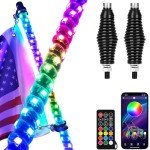 OHMU 2pcs 3FT Led Whip Lights with Bluetooth,Remote Control [Spring Base] [300 Colors] [366 Lighting Modes] 360°Spiraling Rising Dream Wrapped Dancing Offroad Warning Antenna Whips for side by side