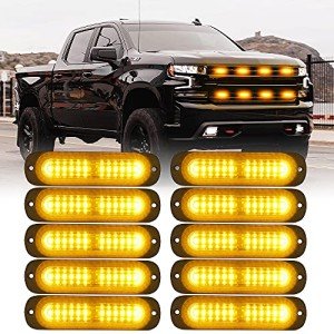Xprite Amber 12 LED Emergency Strobe Lights Kit Surface Flush Mount Side Marker Grill Grille Hazard Warning Flashing Light Head for Off-Road Vehicles ATV Trucks Cars - 10PCS