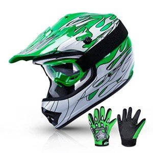Youth Motocross Helmet with Goggles & Gloves - Green Flame