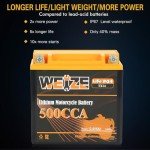 Weize Lithium YTX14-BS, Group 14, 500A LiFePO4 Motorcycle Battery, 12V 5AH ATV, UTV, Jet Ski, 4 Wheeler, Snowmobile, Personal Watercraft, Seadoo, Polaris, Generator and Riding Lawn Mower Battery
