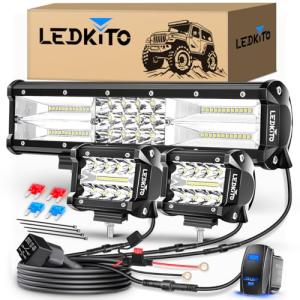 LEDKITO 12 Inch LED Light Bar and 2PCS 4In LED Cube Pods Light Work Driving Lamp with Rocker Switch 3Lead Wiring Harness Kit Off Road Lights Spot Flood Combo Lights for ATV UTV SUV Truck Tractor Boat