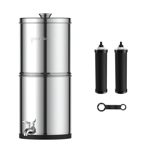 GLACIER FRESH Gravity-fed Water Filter System, Stainless Steel 2.25G Gravity Water Filter with 2 Black Carbon Filters and Metal Spigot, for Home, Camping, and RVing