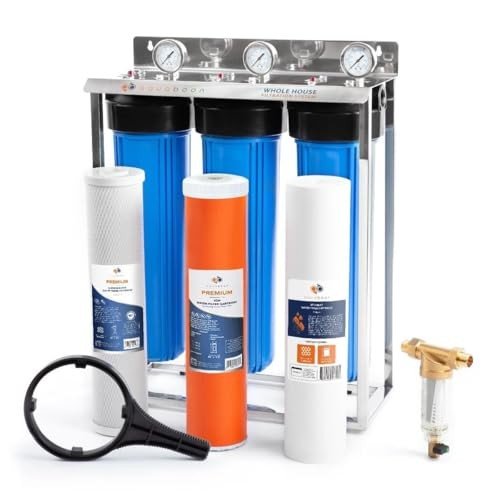 Aquaboon 3-Stage Whole House Water Filter System with Prefilter & 20x4.5 Water Filters | Gauge & Release, Wrench, Freestanding Steel Frame Included