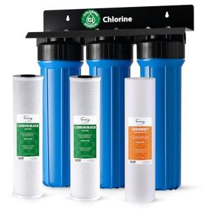 iSpring Whole House Water Filter System, Highly Reduces Sediment, Taste, Odor, and up to 99% Chlorine, 3-Stage w/ 20-Inch Sediment and Carbon Block Filters, Model: WGB32B, 1" Inlet/Outlet