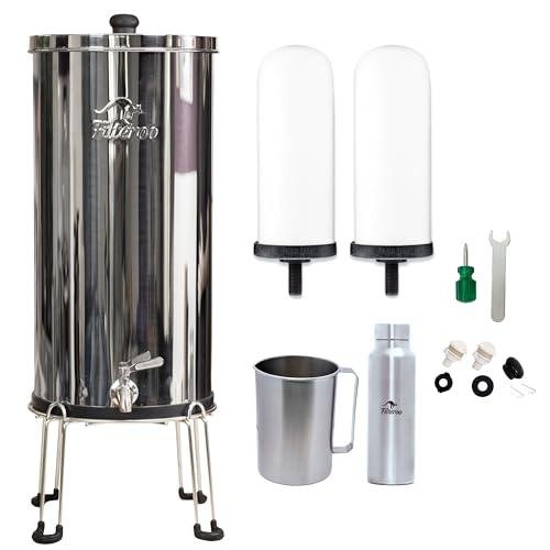 Filteroo Superoo 5.28 Gallons / 20L Countertop Stainless Steel Gravity Water Filter System w/ 2 Ceramic Chlorine & Fluoride Reduction Elements, Stand, Pitcher & Jug, 10yr Warranty, for Home & Outdoor
