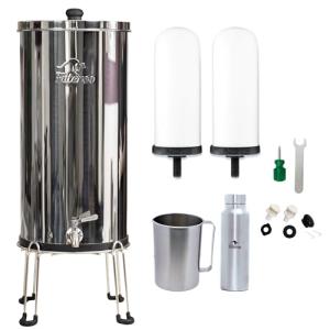Filteroo Superoo 5.28 Gallons / 20L Countertop Stainless Steel Gravity Water Filter System w/ 2 Ceramic Chlorine & Fluoride Reduction Elements, Stand, Pitcher & Jug, 10yr Warranty, for Home & Outdoor