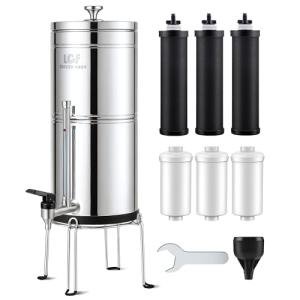 LCF Upgrade 3 Gallon Gravity-fed Water Filter System with 𝐒𝐢𝐥𝐯𝐞𝐫 𝐈𝐨𝐧𝐬 Enhanced Filtration - Reduces Fluoride & Up to 99% Chlorine - Includes 6 Filters, Metal Water Level Spigot & Stand