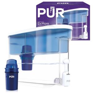PUR 30-Cup Water Filter Dispenser with 1 Genuine PUR Filter, Large 30-Cup Capacity, 2-in-1 Powerful, Faster Filtration, Lasts 2 Months or 40 Gallons, Dishwasher Safe, White/Blue (DS1800Z)
