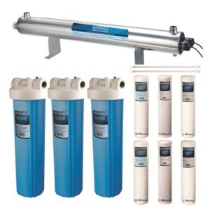 Bluonics Complete Well Water Whole House Water Filtration System 3-Stage with 110W UV 24GPM and 40 Mic Pre Filter and One Extra Filters Sets, Activated Carbon Block, Sediment 20mic and 5mic Filters