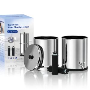 Purewell 1.5G Stainless Steel Countertop Gravity-Fed Water Filter System, NSF/ANSI 42&372 Certification, Reduces up to 99% of Chlorine,2 Black Purification Elements, for Home, RVing, Camping, Outdoor