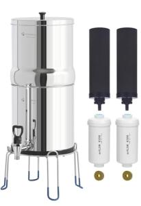 FACHIOO Gravity-Fed Water Filter System, 3.25G Stainless-Steel Countertop System with 2 Black NSF/ANSI 42 Certification Elements, 2 Fluoride, Metal Water Level Spigot, Reduces Fluoride and Chlorine