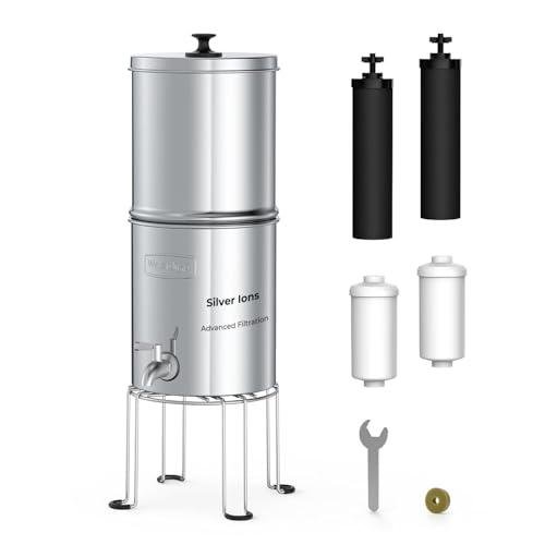 Waterdrop Upgrade Gravity-fed Water Filter System, with 𝐒𝐢𝐥𝐯𝐞𝐫 𝐈𝐨𝐧𝐬 Enhanced Filtration, Reduces Fluoride and up to 99% of Chlorine, with 4 Filters and Metal Spigot, 2.25G