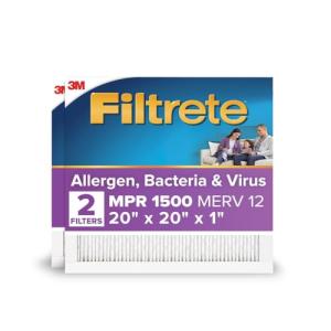 Filtrete 20x20x1 AC Furnace Air Filter, MERV 12, MPR 1500, CERTIFIED asthma & allergy friendly, 3 Month Pleated 1-Inch Electrostatic Air Cleaning Filter, Pack of 2 (Actual Size 19.69x19.69x0.78 in)
