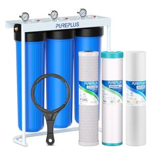 PUREPLUS Whole House Water Filter, 3 Stage 20" Home Water Filtration System, Sediment, Granular Activated Carbon, Carbon Block Filter, Includes Pressure Gauges, Freestanding Steal Frame