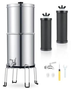 CO-Z Gravity Fed Water Filter System, 2.25 Gal Countertop Water Filtration System, Stainless Steel Gravity Water Purifier with 2 Carbon Filters, Chamber Stand & Water Spigot, NSF/ANSI 42 Certification