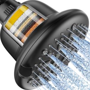 Cobbe Filtered Shower Head, 7 Modes High Pressure Shower Heads - 16 Stage Shower Head Filter for Hard Water for Remove Chlorine and Harmful Substances (Midnight Black Matte, 5 Inch Round)