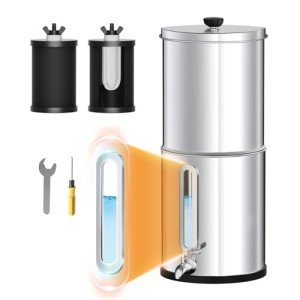 Purewell 1.5Gal Gravity Water Filter System with Embedded Visual Water Level, 3-Stage 0.01μm Ultra-Filtration Stainless Steel Countertop System with 2 Upgraded Carbon Filter, Reduce 99% Chlorine