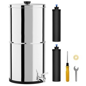 XPORTION Gravity-Fed Water Filter System 2.25G Stainless Steel Countertop Water Filtration System with 2 Carbon Filters Reduce Lead and 99% Chlorine Conforms to NSF/ANSI 42&372 Standards Portable