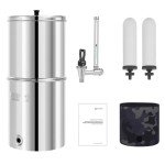 FACHIOO 2.25G Gravity Water Filter System, 304 Stainless Steel Countertop System with 2 Ceramic Filters and Stainless Steel Spigot, Reduce Chlorine, for Home, Camping, RVing, Off-Grid, Emergencies