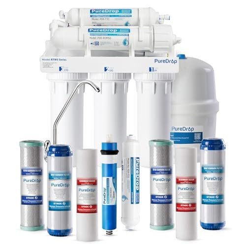 PureDrop RTW5 5 Stage Reverse Osmosis Water Filter System with Faucet and Tank - TDS Reduction Under Sink RO Water Filtration Plus Extra 3 Filters, 50 GPD, White