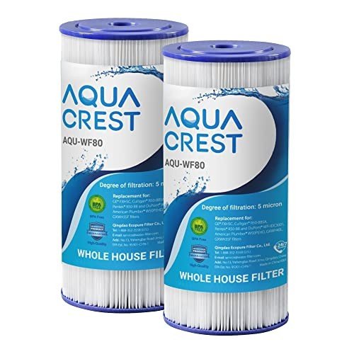 AQUA CREST FXHSC Whole House Water Filter, Replacement for GE® FXHSC, GXWH40L, GXWH35F, American Plumber W50PEHD, W10-PR, Culligan® R50-BBSA, 5 Micron 10" x 4.5", High Flow Sediment Filters, Pack of 2