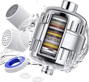 Shower Filter 20 Stage Showerhead Filter for Hard Water Shower Water Filter with 2 Replaceable Filter Cartridges for Removing Chlorine Fluoride, Polished Chrome