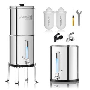 Purewell Upgraded 9-Stage Gravity Water Filter System with Water Level Window, 0.01μm Ultra-Filtration Countertop System with 2 Filters and Stand, Reduce Fluoride & Chlorine, 2.25G, PW-FH-CF