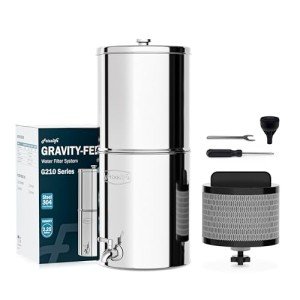Frizzlife G210 Gravity-Fed Water Filter System, NSF Certified Element Reduces 99% Chlorine, Bad Taste & Odor, 10+ Impurities, 304 Stainless Steel Countertop System for Home, Emergency, 2.25G
