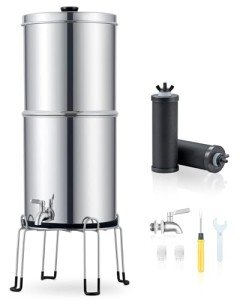 CO-Z Gravity Fed Water Filter System, 2.25 Gal Countertop Water Filtration System, Stainless Steel Gravity Water Purifier with 2 Carbon Filters, Chamber Stand & Water Spigot, NSF/ANSI 42 Certification