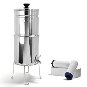 ProOne Traveler+ Stainless-Steel Gravity Water-Filter System, 2.25-Gallon Water Capacity, Countertop Water Dispenser for Home and Travel with Two 7-Inch Filter and Wire Stand