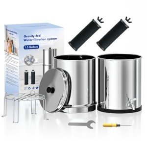 Purewell Gravity-Fed Water Filter System, 1.5 Gallon Stainless Steel Countertop Filtration System with 2 Black Purification Elements and Metal Spigot for Home and Outdoor Use（with Stand）