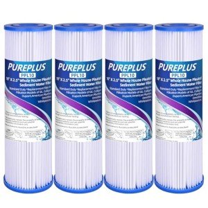 PUREPLUS 5 Micron 10"x2.5" Whole House Pleated Sediment Filter for Well Water, Replacement Cartridge for Universal 10 inch RO System, W50PE, WFPFC3002, SPC-25-1050, FM-50-975, 801-50, WB-50W, 4Pack