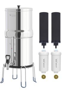 FACHIOO Gravity-Fed Water Filter System, 3.25G Stainless-Steel Countertop System with 2 Black NSF/ANSI 42 Certification Elements, 2 Fluoride, Metal Water Level Spigot, Reduces Fluoride and Chlorine