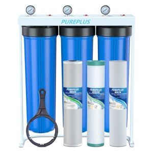 PUREPLUS Whole House Water Filter, 3 Stage 20" Home Water Filtration System, Sediment, Granular Activated Carbon, Carbon Block Filter, Includes Pressure Gauges, Freestanding Steal Frame