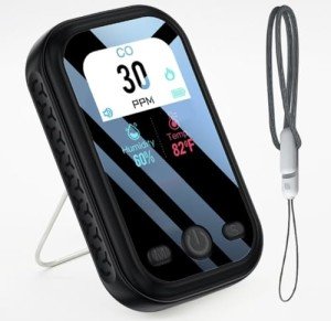 3-1 Carbon Monoxide Detector Portable Mini Air Quality Monitor with Lanyard Smoke Alarm CO Gas Meter Temperature Humidity Sensor Built-in 1000mAh Battery, Indoor/Outdoor (Black)