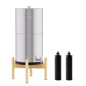 iSpring DGF2-NW Gravity-Fed Stainless Steel Countertop Water Filter System with Natural Wood Base,with 2 Activated Carbon Water Filters,Chlorine Reduction,Portable Water Filter for Home and Party