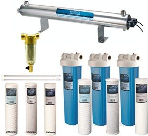 Bluonics Complete Well Water Whole House Water Filtration System 3-Stage with 110W UV 24GPM and 40 Mic Pre Filter and One Extra Filters Sets, Activated Carbon Block, Sediment 20mic and 5mic Filters
