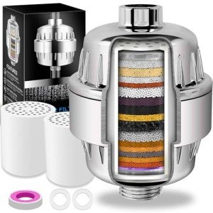 20-Stage Shower Filter with Vitamin C E for Hard Water - High Output Filter to Remove Chlorine and Fluoride - with 2 Replacement Cartridges, 1/2 Inch Universal Connector