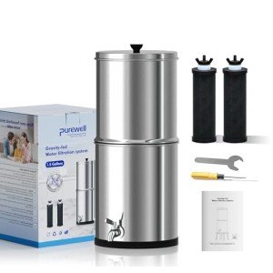 Purewell 1.5G Stainless Steel Countertop Gravity-Fed Water Filter System, NSF/ANSI 42&372 Certification, Reduces up to 99% of Chlorine,2 Black Purification Elements, for Home, RVing, Camping, Outdoor
